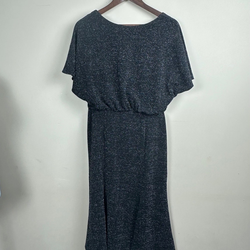 Donna Morgan Size 12 Black Silver Metallic Sparkle Midi V Back Flutter Sleeve